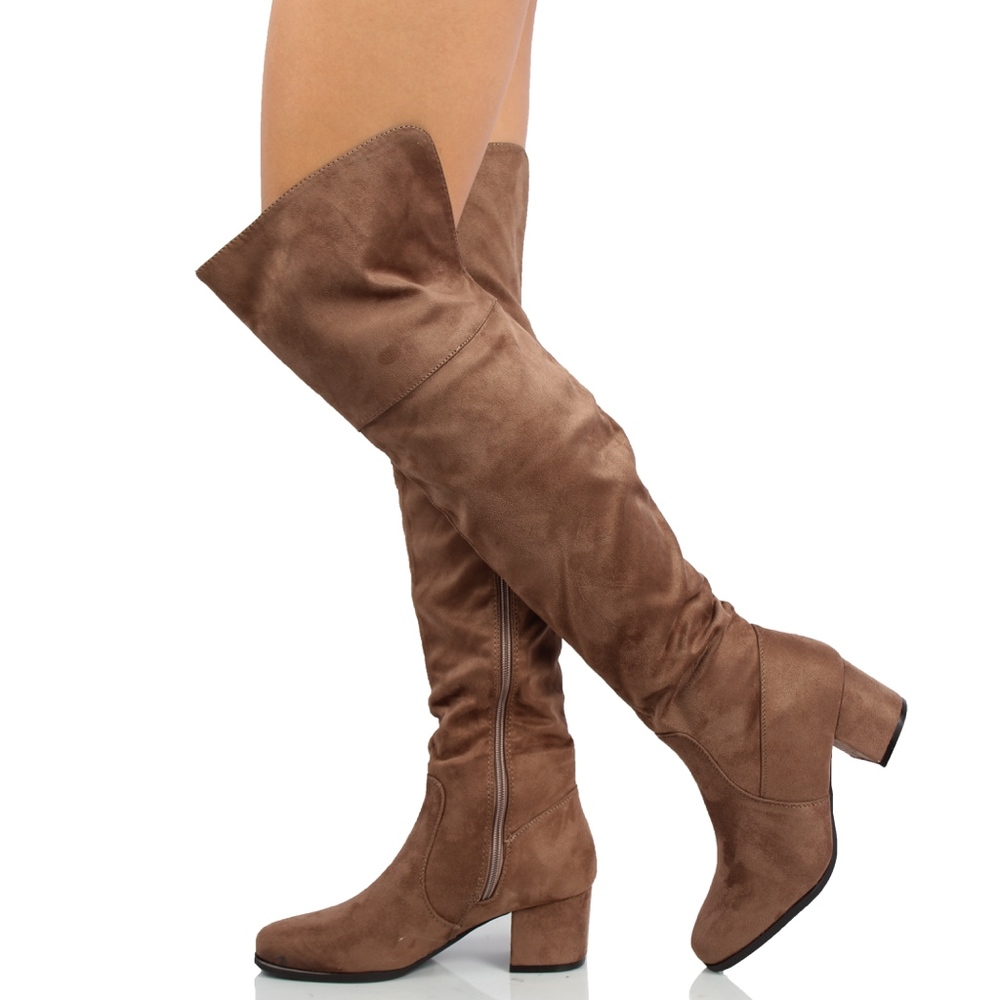 Taupe Over the Knee Open Back Cuff Mid Block Heel